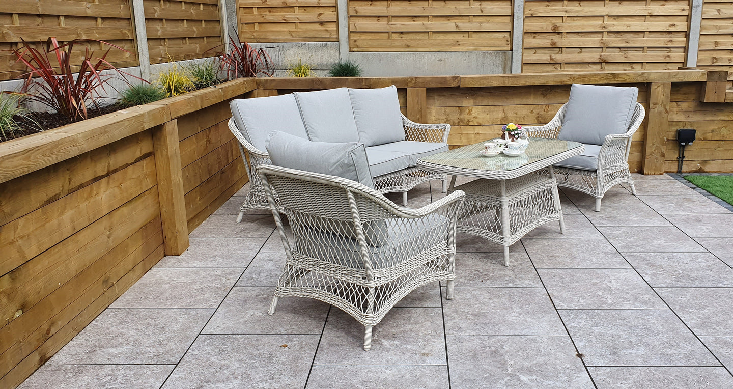 Signature Weave - Outdoor Furniture - Rose - 5 Seat Sofa Set With Coffee Table In Soft White Wicker